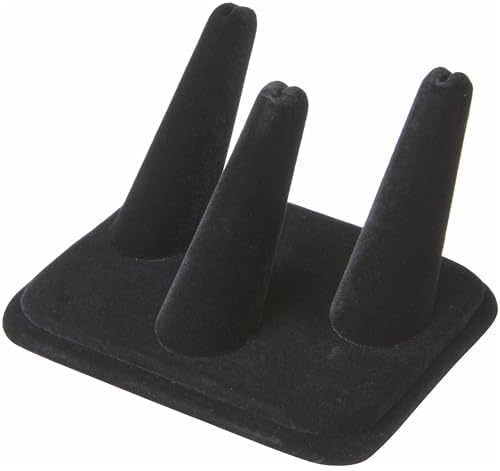 Plymor Black Velvet Ring Finger Display, Three on Rectangular Base, 4.125" W x 3.25" D x 2.25" H (Pack of 2)