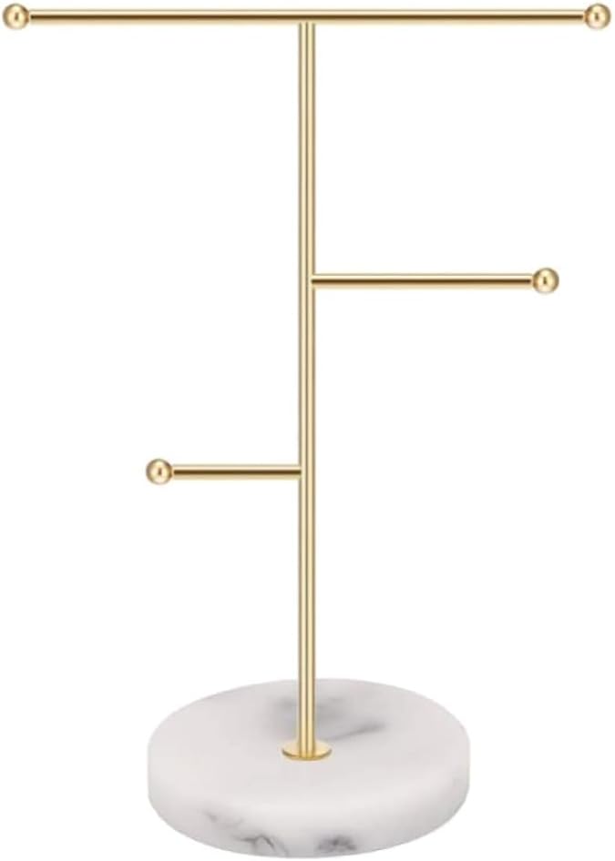 Practical Accessories Organizer Stand with Gold Iron Frame and Marble Base, 18.5 X 10 X 26 Cm Display Rack for Earrings, Necklaces, and Watches Storage