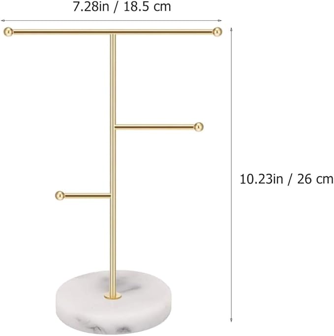 Practical Accessories Organizer Stand with Gold Iron Frame and Marble Base, 18.5 X 10 X 26 Cm Display Rack for Earrings, Necklaces, and Watches Storage