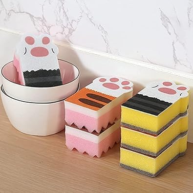 3Pcs Pink Random Style Cat Claw Design Kitchen Cleaning Sponges,Cute Household Cleaning Tool,Claw Design Non-Scratch Dishwashing Scrub Sponge Kitchen Cleaning Tool,Household Supplies
