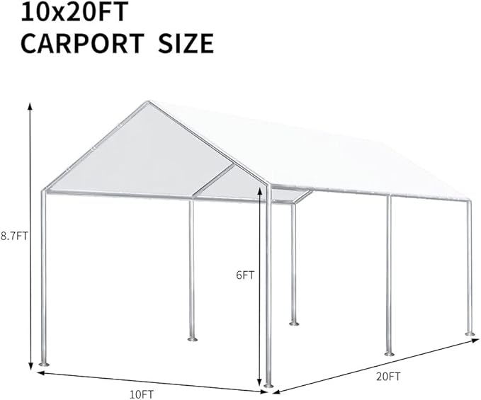 10'x20' Carport Replacement Canopy Cover for Top Tent Shelter Tarp with Ball Bungees White (Only Top Cover, Frame is not Included)