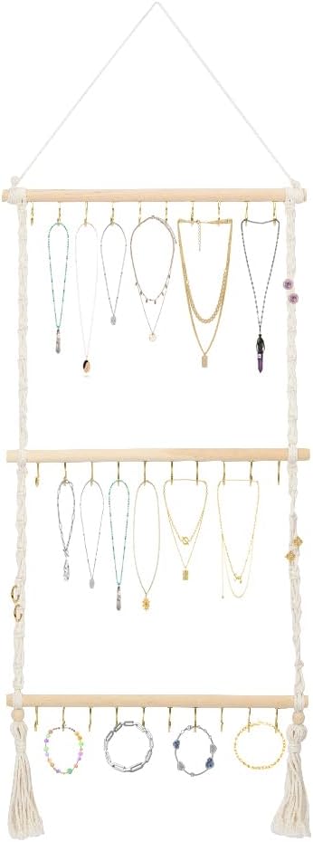 Hanging Macrame Jewelry Organizer - 30-Hook Necklace Holder, Wall Mounted/Over Door Jewelry Hanger with Tassel for Bracelet, Earring, Headband, Necklace