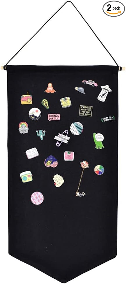 Wall Hanging Brooch Jewelry Storage Case Canvas Display Stand Enamel Pin Display Banner Holder Earrings Necklace Glitter Pin Collection Organizer (Black)