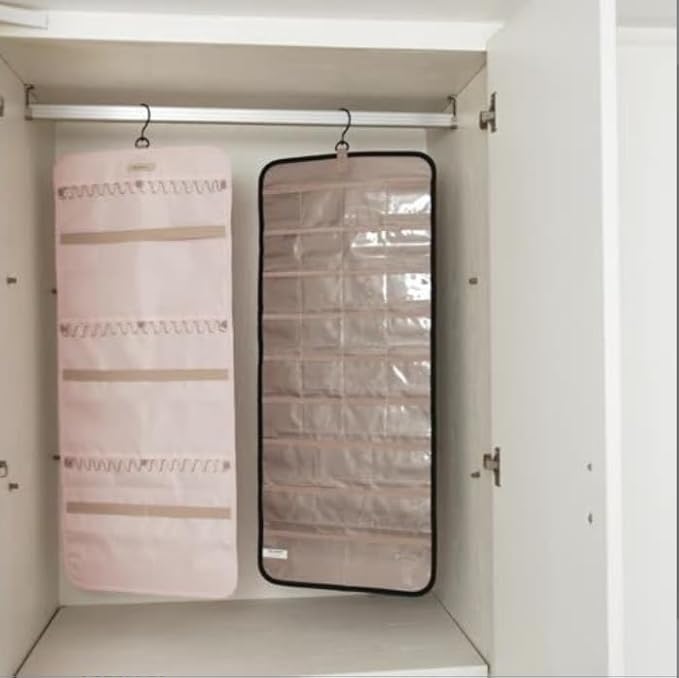 Jewelry Organizer Hanging Storage Roll-Large Closet Wall Jewelry Storage Organizer with Hanger Metal Hooks Travel Jewelry Holder for Earrings, Necklaces, Rings (Black)