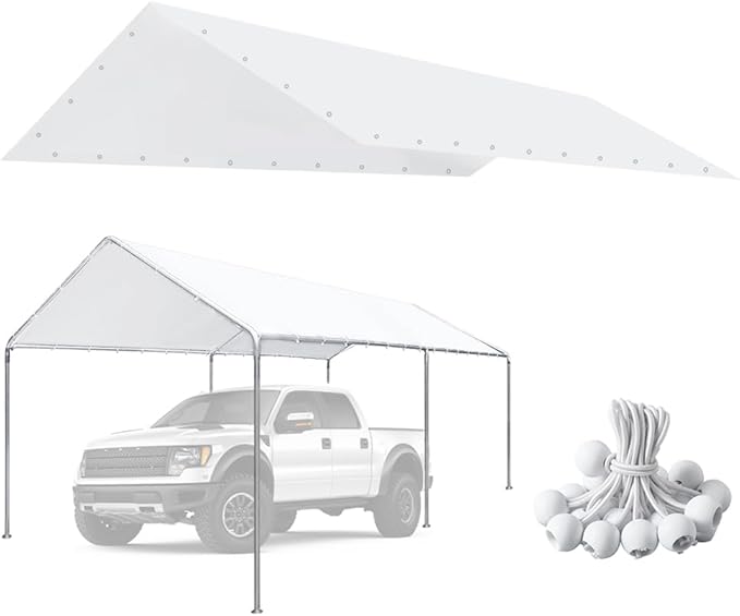 10'x20' Carport Replacement Canopy Cover for Top Tent Shelter Tarp with Ball Bungees White (Only Top Cover, Frame is not Included)