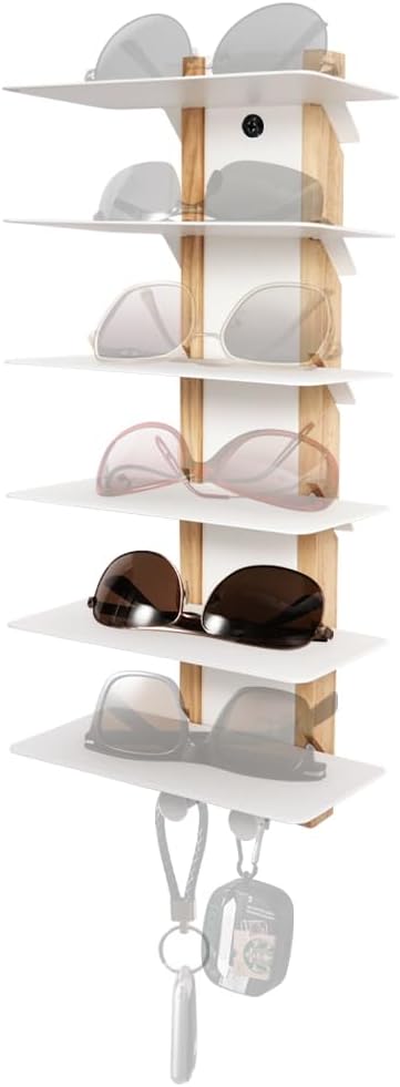 J JACKCUBE DESIGN Sunglasses Storage Organizer Wall Mounted 6 Eyeglasses Display Holder Shelf Rack, Eyewear Hanging Rack with Metal Hooks (White)- MK1030B
