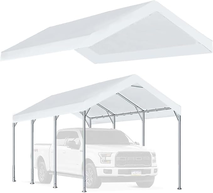 Rutile 10 x 20 Carport Replacement Cover, Heavy Duty Car Tarp Canopy Tent Replacement Top w/Ball Bungees Gray (Only Top Cover, Frame is not Included) (White, 10'x20')