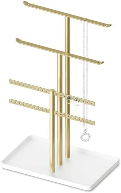 Gold Jewelry Organizer Stand, Heavy Duty Iron Necklace Holder with Tray, Anti-Rust Countertop Display for Earrings Bracelets Rings