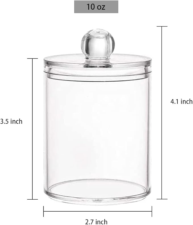 4 Pack Qtip Holder Storage Canister for Cotton Ball, Cotton Swab, Pads, Floss; 10-Ounce Clear Plastic Apothecary Jar with Lid, Bathroom Makeup Organizer (4)