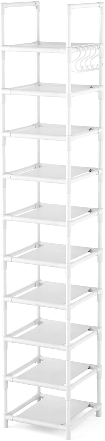 Tall Narrow Shoe Rack 10-Tier Skinny Shoe Shelf Storage for 10-15 Pairs Shoes and Boots, Space Saving Corner Shoe Rack Organizer for Closet, Entryway, Garage, Living Room,White