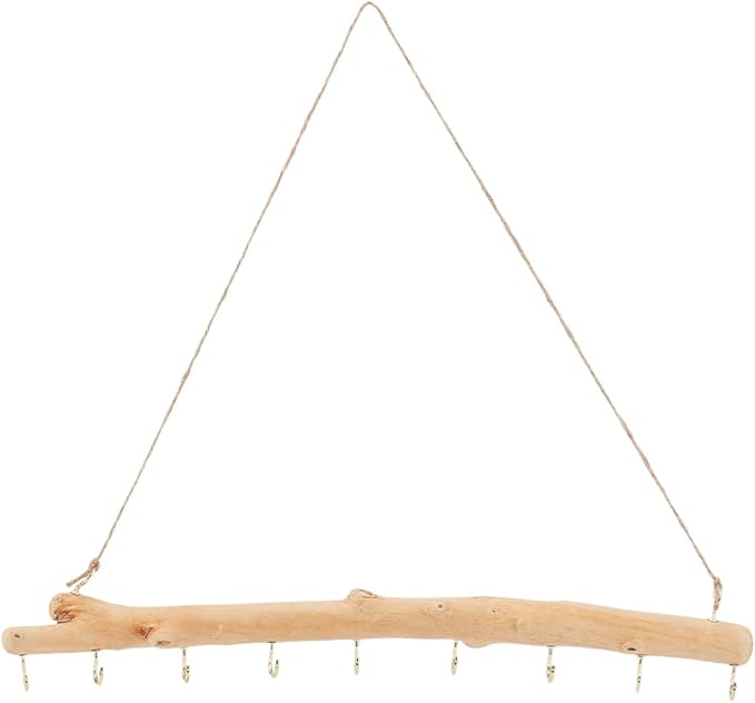15 Inch 9 Hook Driftwood Wall Hanging Branch Hanger Natural Wood Farmhouse Vintage Easy to Use Necklace Holder Driftwood Hooks with Twine Rope for Dried Flowers Keys Crafts Home Decoration