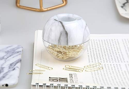 Magnetic Paper Clip Holder, Marble White holder with Gold PaperClips 100pcs 28mm(1.1") Cute Office Supplies for Desk Organizer