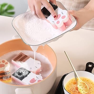 3Pcs Pink Random Style Cat Claw Design Kitchen Cleaning Sponges,Cute Household Cleaning Tool,Claw Design Non-Scratch Dishwashing Scrub Sponge Kitchen Cleaning Tool,Household Supplies
