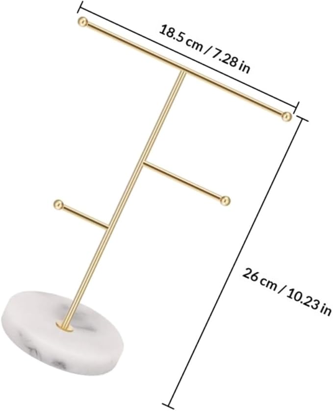 Practical Accessories Organizer Stand with Gold Iron Frame and Marble Base, 18.5 X 10 X 26 Cm Display Rack for Earrings, Necklaces, and Watches Storage