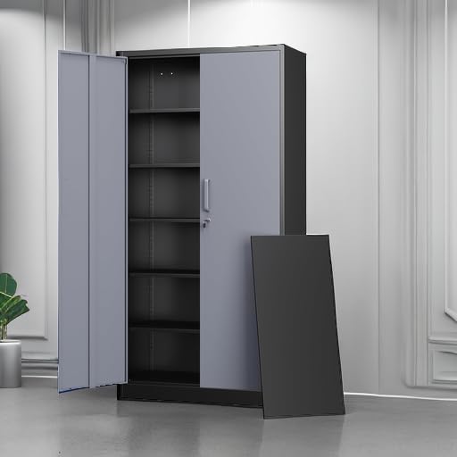 Letaya Metal Storage Cabinets with Lock Door and 5 Adjustable Shelves, Steel Garage Tool Organization Cabinets for Home,Utility Room, Warehouse,Lockers(71"-Black Gray) | Lock Door, 5 Adjustable Shelves, Garage, Lockers