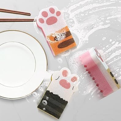 3Pcs Pink Random Style Cat Claw Design Kitchen Cleaning Sponges,Cute Household Cleaning Tool,Claw Design Non-Scratch Dishwashing Scrub Sponge Kitchen Cleaning Tool,Household Supplies