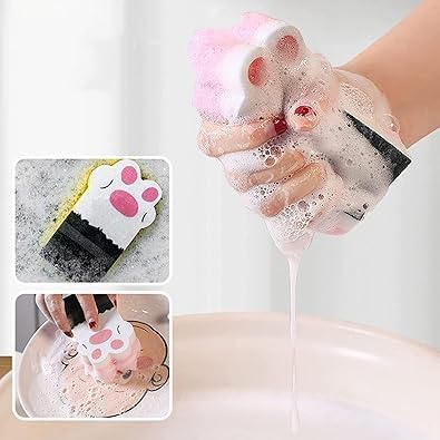 3Pcs Pink Random Style Cat Claw Design Kitchen Cleaning Sponges,Cute Household Cleaning Tool,Claw Design Non-Scratch Dishwashing Scrub Sponge Kitchen Cleaning Tool,Household Supplies