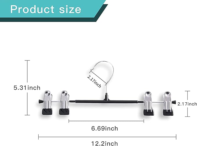 Pants Hangers with Clips 10 Pack Adjustable Skirt Hangers for Women Non-Slip Trousers Hanger for Jeans Clothes Hangers for Pants Heavy Duty Space Saving Shorts Hangers,Black,12Inch