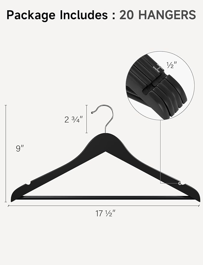 StorageWorks Black Wooden Hangers 20 Pack, Heavy Duty Wood Hangers for Closet, Clothes Hangers for Coats, Shirts, Pants, Suits