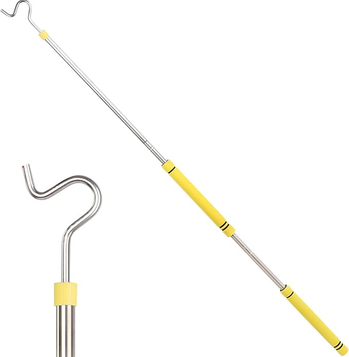 Clothes Hook Pole, Clothes Hanger Reaching Hook for Hanging Clothes Light and Plants Extendable from 35" to 50" Made of Stainless Steel Tube with Sponge Handle (51inch)
