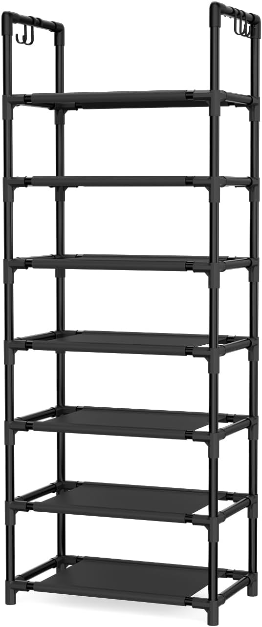 7 Tiers Shoe Rack 18-20 Pairs Boots Organizer Storage Sturdy Narrow Shoe Shelf for Entryway, Closets with Hooks, Black