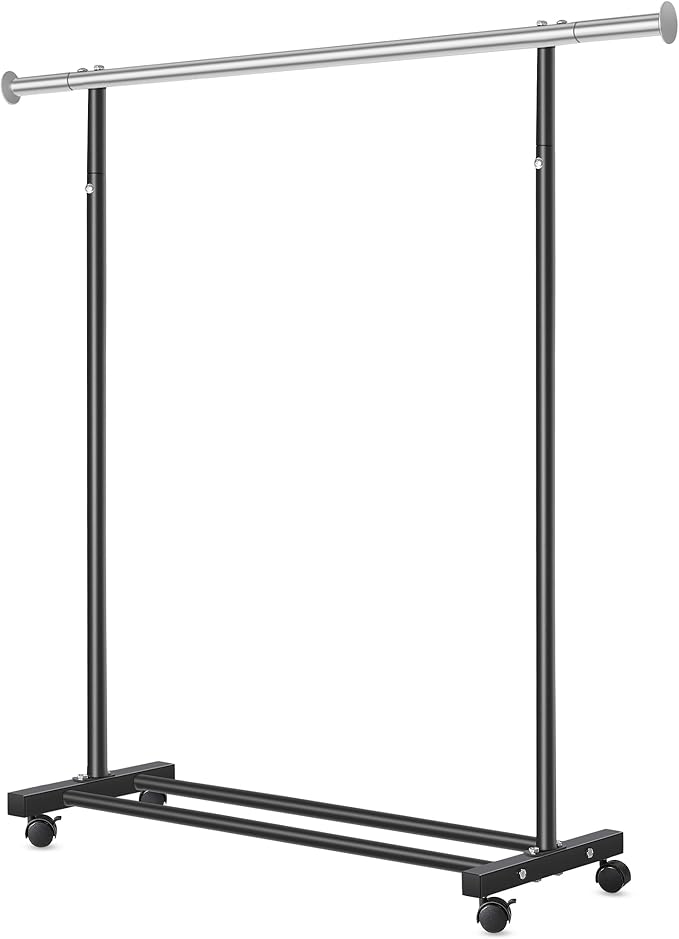 Clothes Rack, 130LB Capacity Heavy Duty Clothing Rack with Wheels and Bottom Shelf, 52.17 Inch Rolling Racks for Hanging Clothes, Coats, Shirts, Sweaters, Skirts, Dress, Black