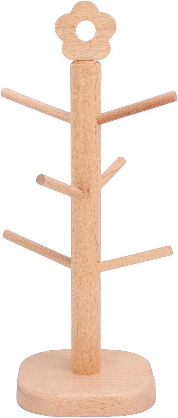 Wooden Hair Tie Holder, 6 Prongs Beechwood Hair Accessories Organizer with Clean Lines, for Desk Storage and Boutique Display