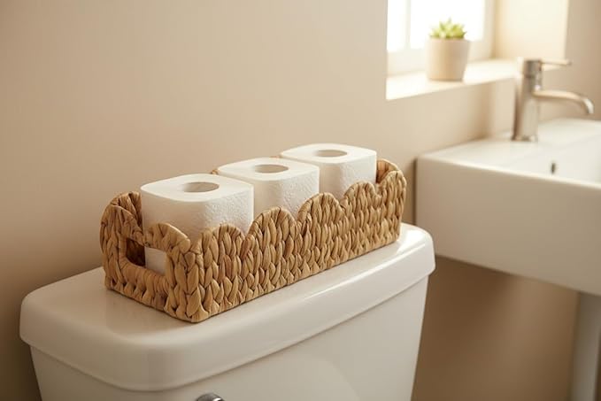 Toilet Tank Basket for Bathroom,Scalloped Edge Wicker Basket for Toilet Paper Storage,Small Baskets for Countertop,Shelves,Living Room,Bedroom,Both Organizer&Decor,Natural Water Hyacinth