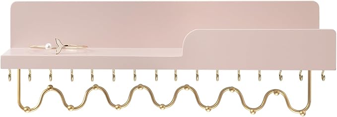 29 Hooks Wall Mount Necklace Holder Organizer, Pink Decorative Wood Jewelry Shelf with Gold Metal Wave Bar and Guardrail for Necklace, Pendant, Chain, Bracelet