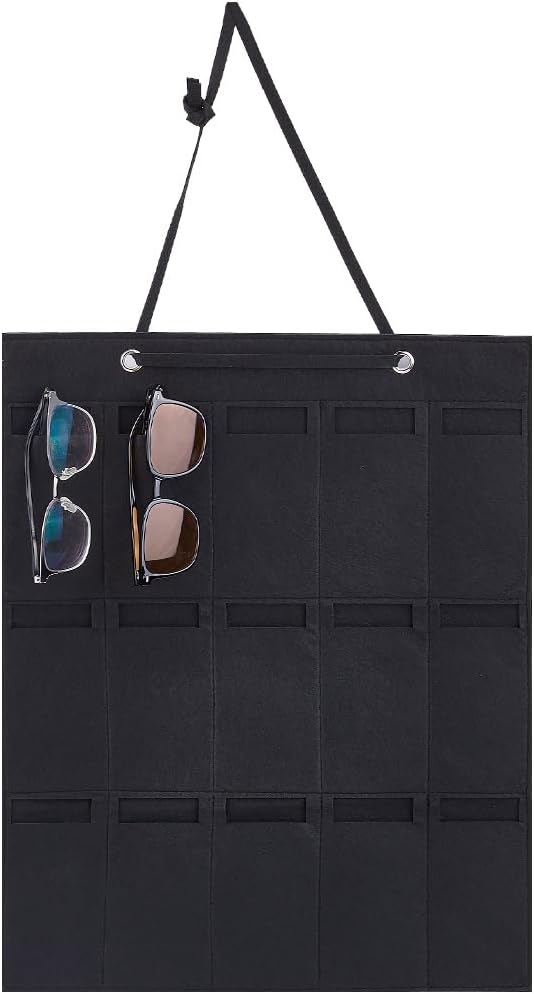 CREATCABIN Wall Hanging Sunglasses Bag Black Wall Mounted Dust Proof Sunglasses Storage Bag Protable Foldable Jewelry Organizer with 15 Slots for Makeup Room Bussiness Travel Carrying 5.7x3in