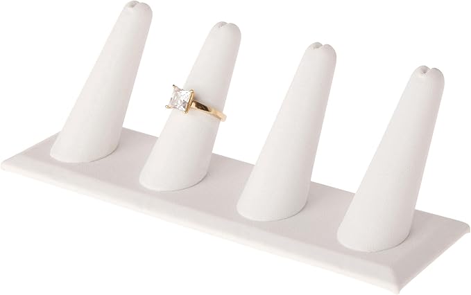 Plymor White Faux Leather Ring Finger Display, Four on Rectangular Base, 6" W x 2.125" D x 2.5" H (Pack of 3)