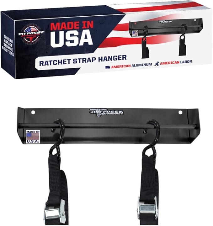 Pit Posse 464BK Tie Down Hanger Rack Storage Holder - Made in USA - Race Car Enclosed Trailer Shop - Ratchet Strap Organizer - Garage Walls, Drywall, Wood, Steel Trailer Studs (Black)