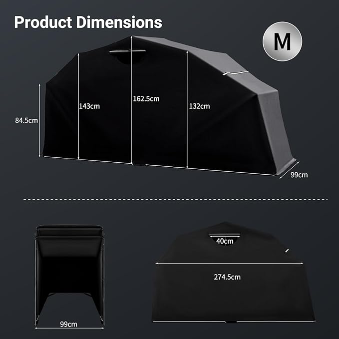 Motorcycle Storage Shelter Shed 3.25x9FT Motorcycle Garage Tent Heavy Duty Vehicle Motorcycle Shed with 600D Oxford Fabric Cover with 2 Roll-Up Side Windows (Black, M Size)