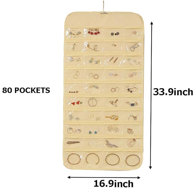 Hanging Jewelry Organizer, 80 Pockets Earring Holder Organizer, Bracelet Organizer with Pockets for Hanging Earrings, Necklaces,Rings, Storage, Closet(beige)