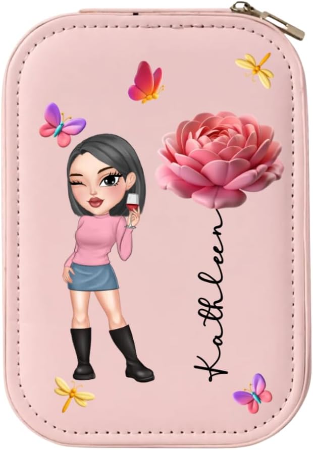 Petal Queen, Customized Bestie Jewelry Box with LED Mirror, Personalized Woman Jewelry Case, Birth Month Flower Sister Jewelry Box, Cartoon Woman Travel Jewelry Case, Best Friend Gift, Sisters Gift