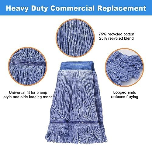 6Pack Heavy Duty Commercial Looped End Cotton Mop,String Cotton Mop Refill Heads Wet Industrial Blue Cotton Looped End String Head Refills, Heavy Mop Replace Head,for General and Floor Cleaning