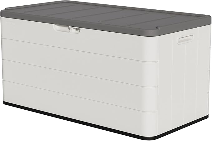 Outdoor Storage Deck Box Waterproof, 100 Gal Pro Large Lockable Patio Storage Bin Chest, Resin Outside Container Seat Bench for Furniture Cushions, Pool Accessories, Garden Tools & Delivery, White