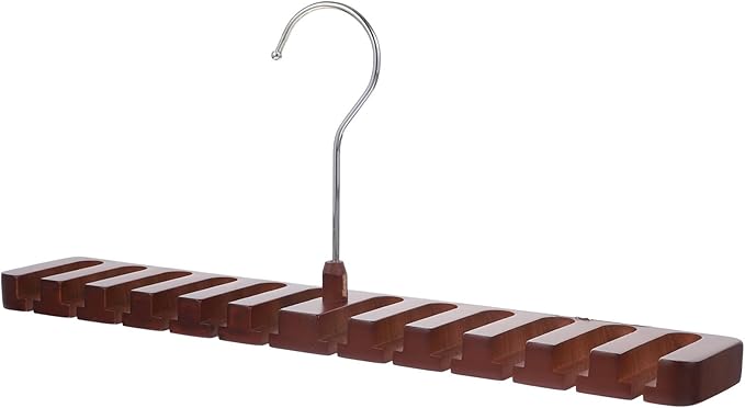 Multi-Slot Solid Wood Tie and Scarf Organizer Rack, Multi-Function Closet Accessory with Red Wood Finish for Belt and Scarf Storage in Bedroom or Closet