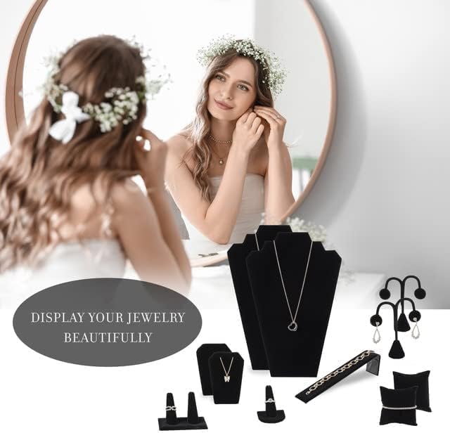 Novel Box Black Velvet 11 Pieces Jewelry Display Set for Necklaces, Bracelets, Rings, Earrings, Pendants & Watches - Jewelry Displays Set Organizer for Selling or Personal Use