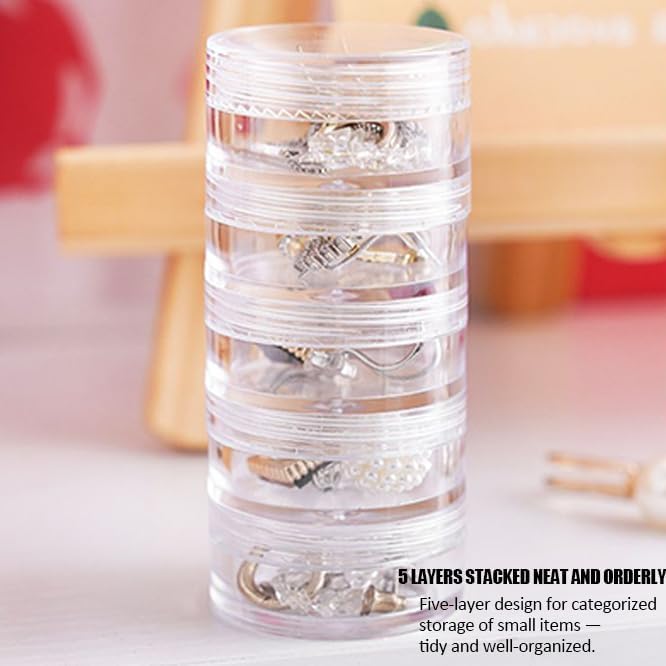 2 Pack 5-Layer Clear Jewelry Storage Organizer Box – Stackable Small Parts Container for Earrings, Rings, Beads, Pills, Crafts – Portable Transparent Plastic Screw Storage Jar Set