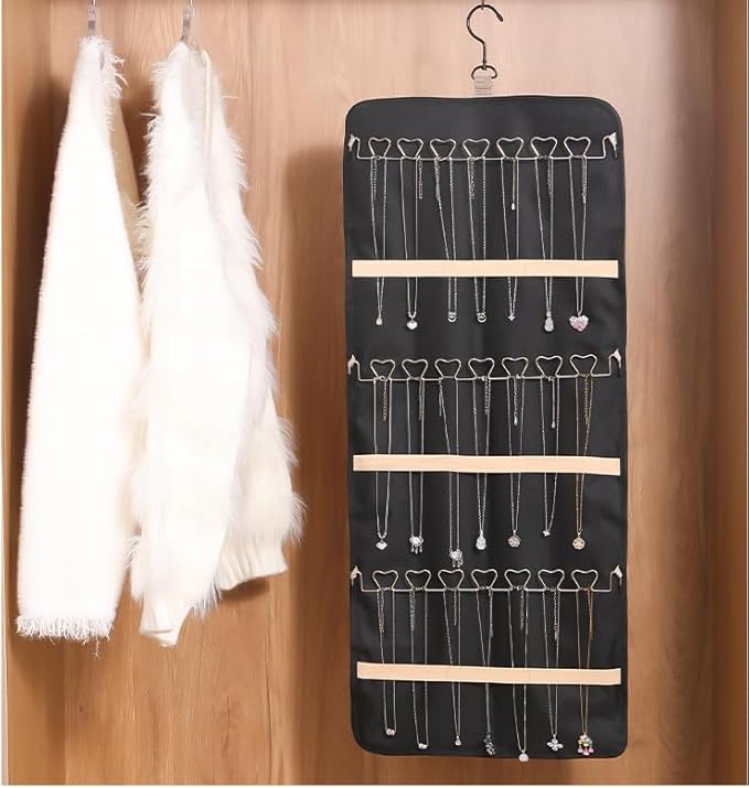 Jewelry Organizer Hanging Storage Roll-Large Closet Wall Jewelry Storage Organizer with Hanger Metal Hooks Travel Jewelry Holder for Earrings, Necklaces, Rings (Black)