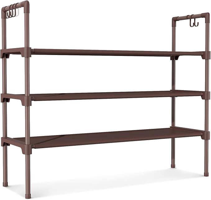 3 Tier Shoe Rack for Closet Shoe Organizer with 5 Hooks, Long Shoe Shelf Storage for Shoe and Boot Stackable Free Standing Shoe Rack for Entryway, Garage, Small Spaces, Dorm, Brown