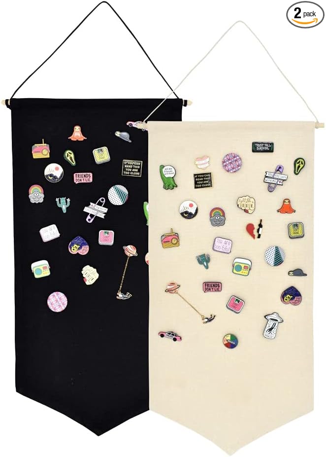 Wall Hanging Brooch Jewelry Storage Case Canvas Display Stand Enamel Pin Display Banner Holder Earrings Necklace Glitter Pin Collection Organizer (Black+Burlywood)