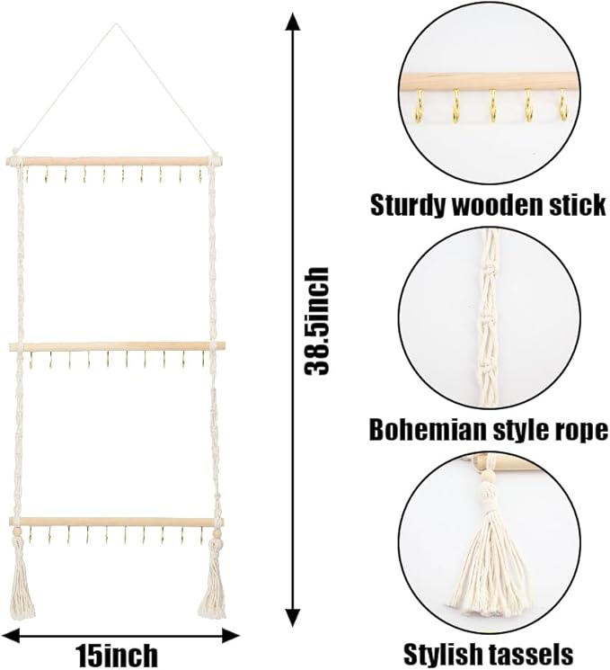 Hanging Macrame Jewelry Organizer - 30-Hook Necklace Holder, Wall Mounted/Over Door Jewelry Hanger with Tassel for Bracelet, Earring, Headband, Necklace