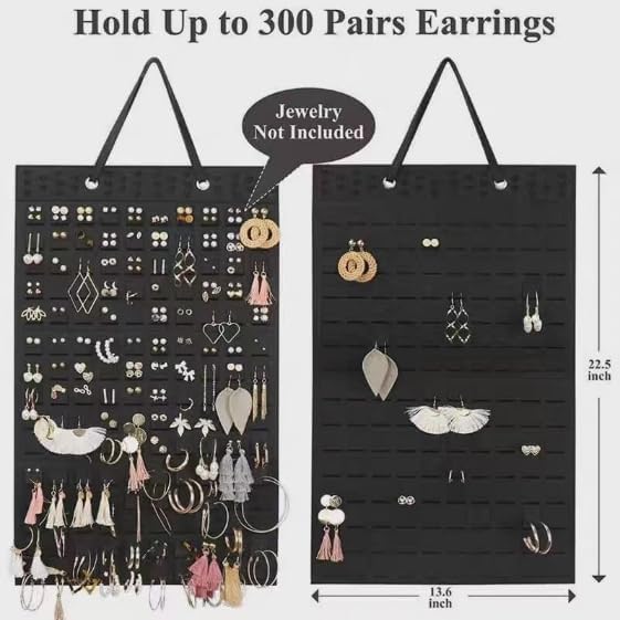 Hanging Earrings Organizer & Holder 20 Hooks, Holds Up To 300 Pairs, Compact Design, Soft Material, Earring Hanger & Display for Women & Girls,1 Pack (Black, 22.5 * 13.6 inches)