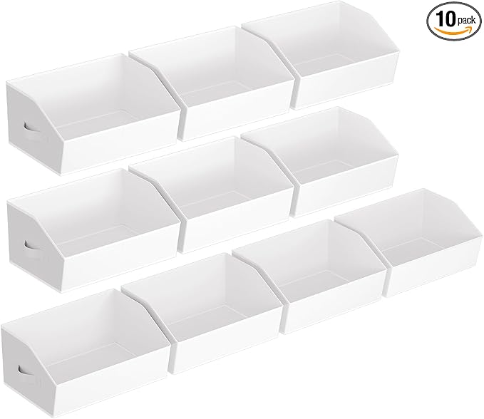 Closet Baskets for Shelves Trapezoid - Decorative Storage Baskets with Handle, Closet Bins for Organization, Shelf Storage Bins for Clothes, Books, Home, Office, 10 Pack, White