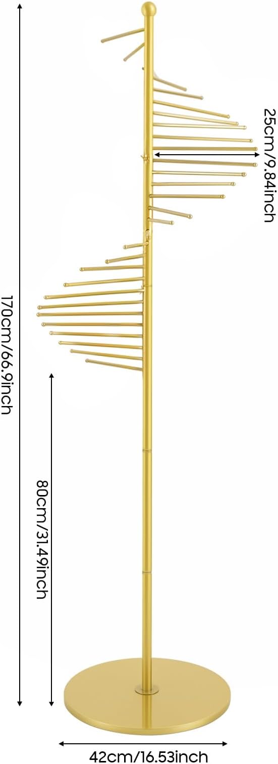 67" Freestanding Spiral Scarf Organizer - 30 Rods Metal Holder, Space Saving Hijab/Belt/Pants Rack for Closet, Clothing Store & Home