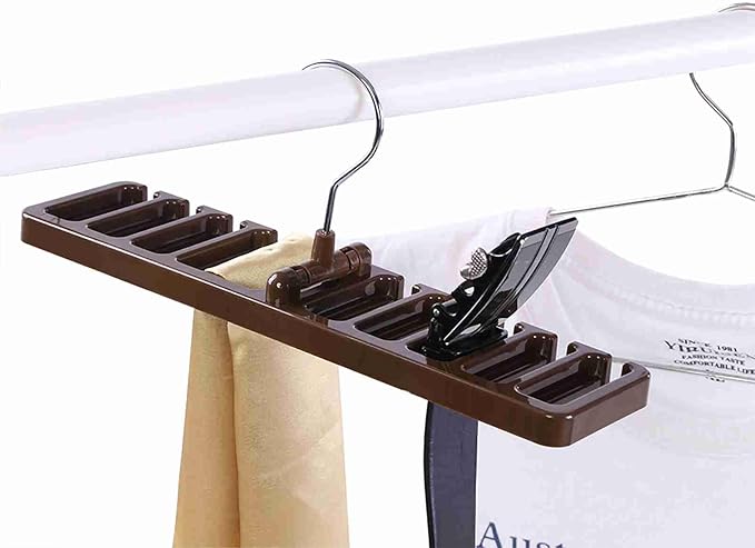 10 Slot Tie Belt Scarf Rack Organizer Sturdy Plastic Closet Wardrobe Space Saver Multifunctional Rotating Hanger for Ties Belts Scarves Accessories Black Brown Beige 30.5 x 7.3 x (Brown)