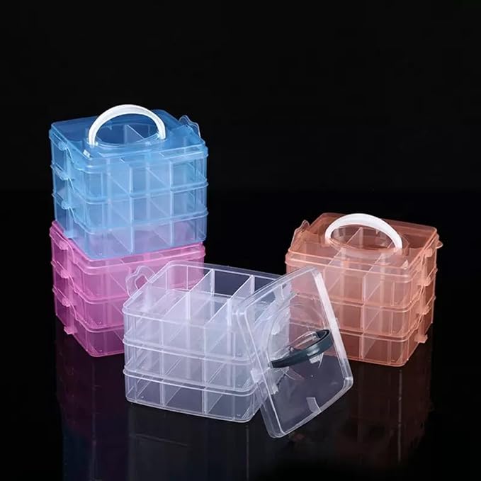 3-Tier Hair Accessories Storage Box, Clear Plastic Organizer with Handle, 5.9 x 5.9 x 5.1 in (Orange, 5.9 x 5.9 x 5.1 in)