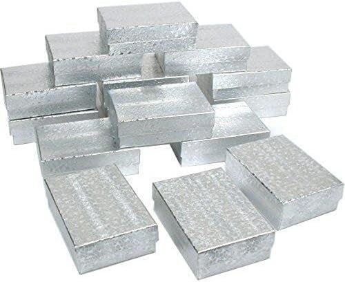 12 Silver Foil Pack Cotton Filled Paper Cardboard Jewelry Box for Necklace, Ring, Earring, Pendant, Pocket Watch, Body Jewelry and Beads Size-3 1/16" x 2 1/8" x 1" - by R J Displays